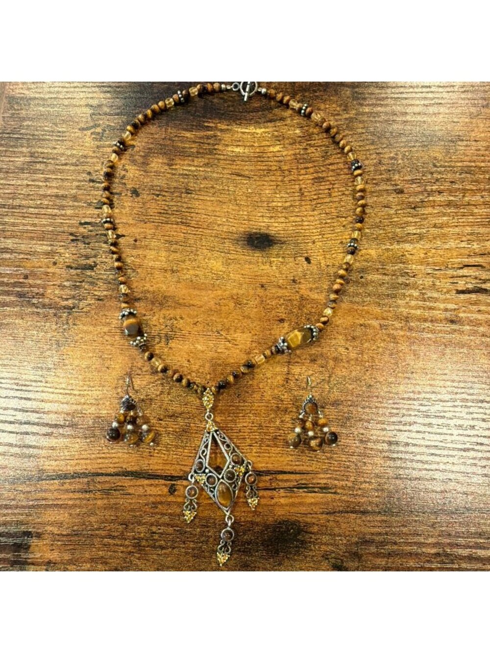 Vintage 925 Sterling Silver Tiger Eye Necklace Earrings Set Filigree Pendant